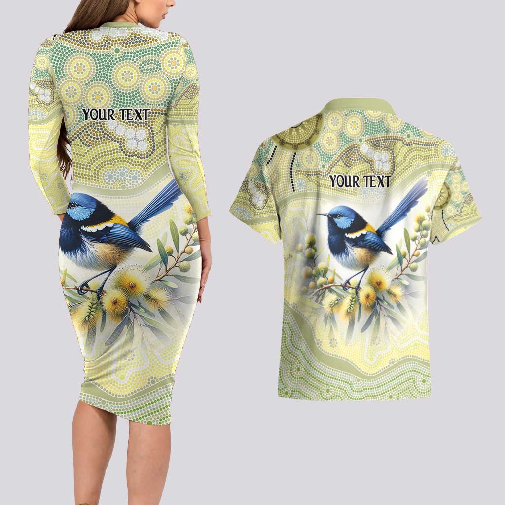 Splendid Fairy-wren Personalised Couples Matching Long Sleeve Bodycon Dress and Hawaiian Shirt Aboriginal Australian Dot Painting - Aussie Hoodie