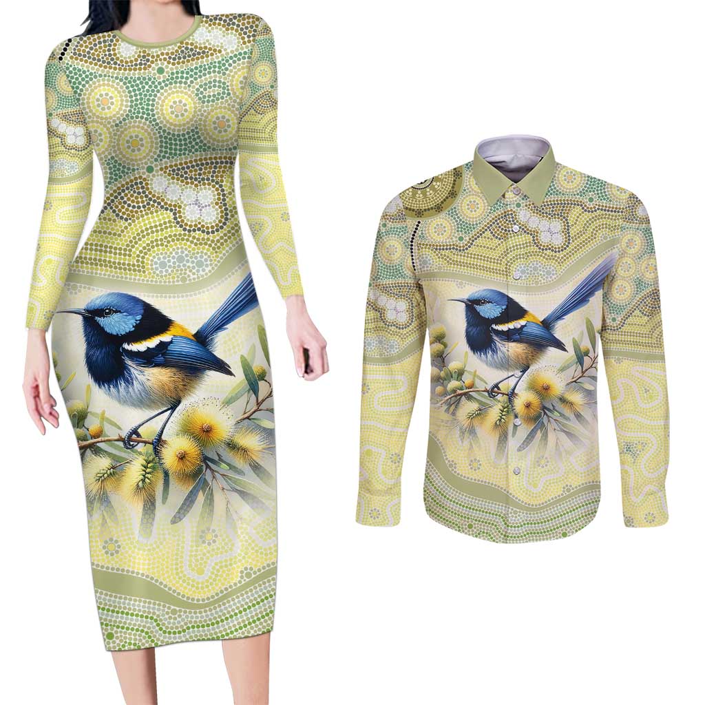 Splendid Fairy-wren Personalised Couples Matching Long Sleeve Bodycon Dress and Long Sleeve Button Shirt Aboriginal Australian Dot Painting - Aussie Hoodie