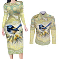 Splendid Fairy-wren Personalised Couples Matching Long Sleeve Bodycon Dress and Long Sleeve Button Shirt Aboriginal Australian Dot Painting - Aussie Hoodie