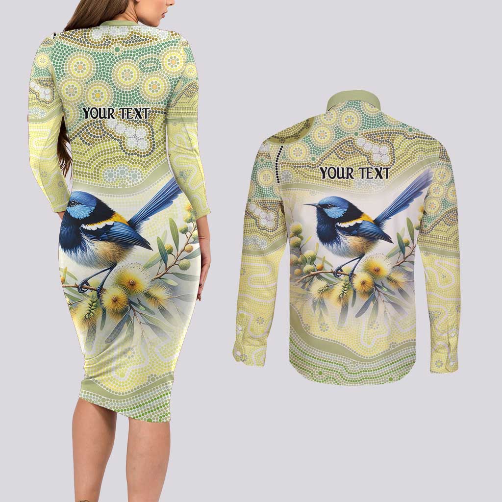 Splendid Fairy-wren Personalised Couples Matching Long Sleeve Bodycon Dress and Long Sleeve Button Shirt Aboriginal Australian Dot Painting - Aussie Hoodie