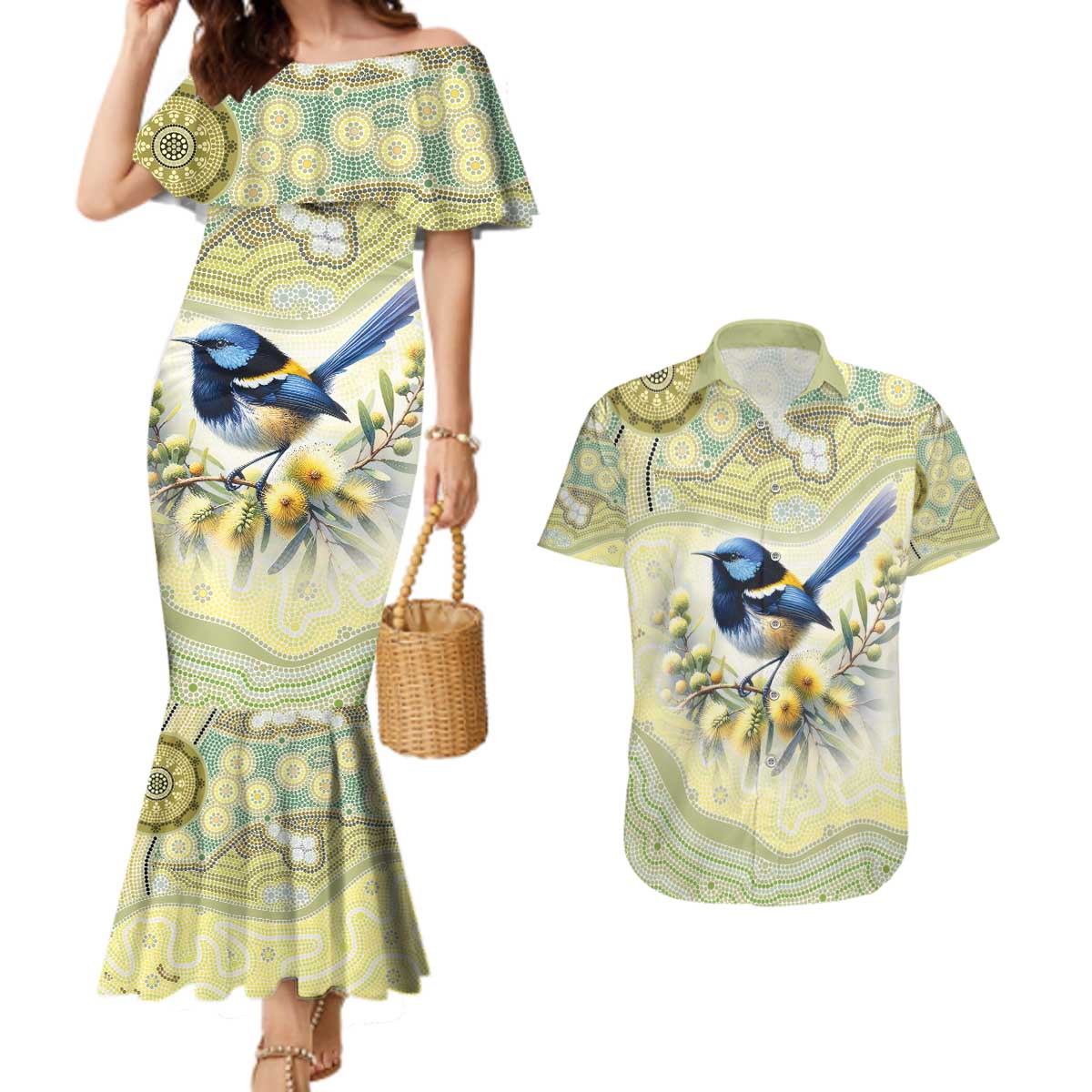 Splendid Fairy-wren Personalised Couples Matching Mermaid Dress and Hawaiian Shirt Aboriginal Australian Dot Painting - Aussie Hoodie