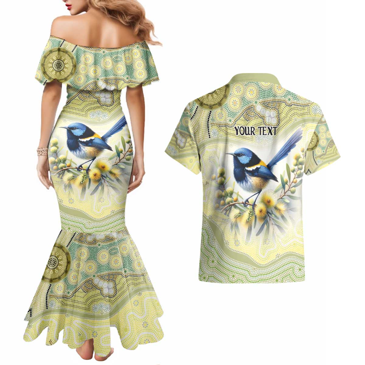 Splendid Fairy-wren Personalised Couples Matching Mermaid Dress and Hawaiian Shirt Aboriginal Australian Dot Painting - Aussie Hoodie