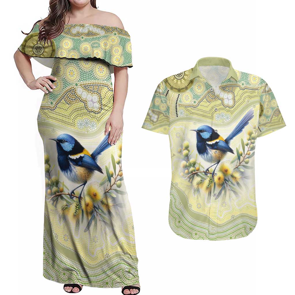 Splendid Fairy-wren Personalised Couples Matching Off Shoulder Maxi Dress and Hawaiian Shirt Aboriginal Australian Dot Painting - Aussie Hoodie