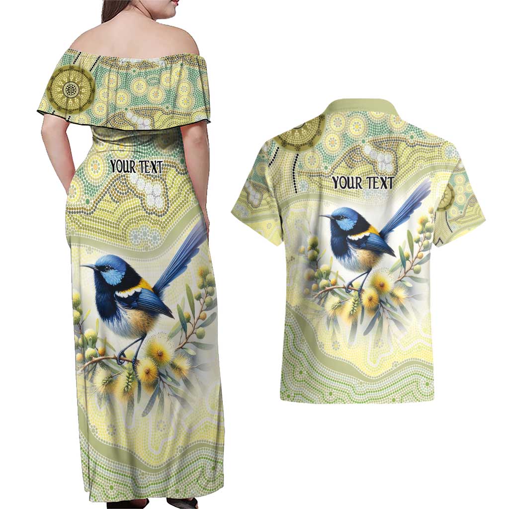 Splendid Fairy-wren Personalised Couples Matching Off Shoulder Maxi Dress and Hawaiian Shirt Aboriginal Australian Dot Painting - Aussie Hoodie