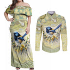 Splendid Fairy-wren Personalised Couples Matching Off Shoulder Maxi Dress and Long Sleeve Button Shirt Aboriginal Australian Dot Painting - Aussie Hoodie