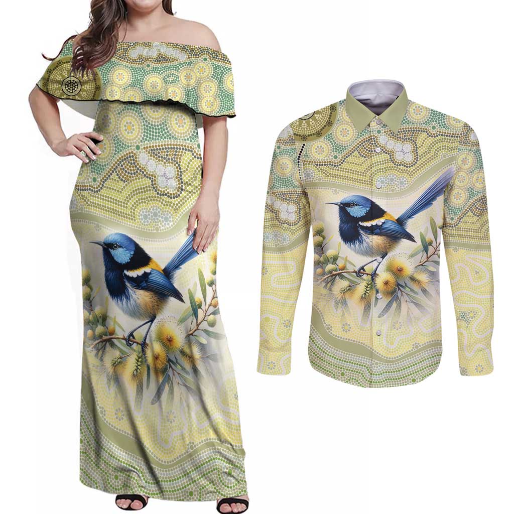 Splendid Fairy-wren Personalised Couples Matching Off Shoulder Maxi Dress and Long Sleeve Button Shirt Aboriginal Australian Dot Painting - Aussie Hoodie