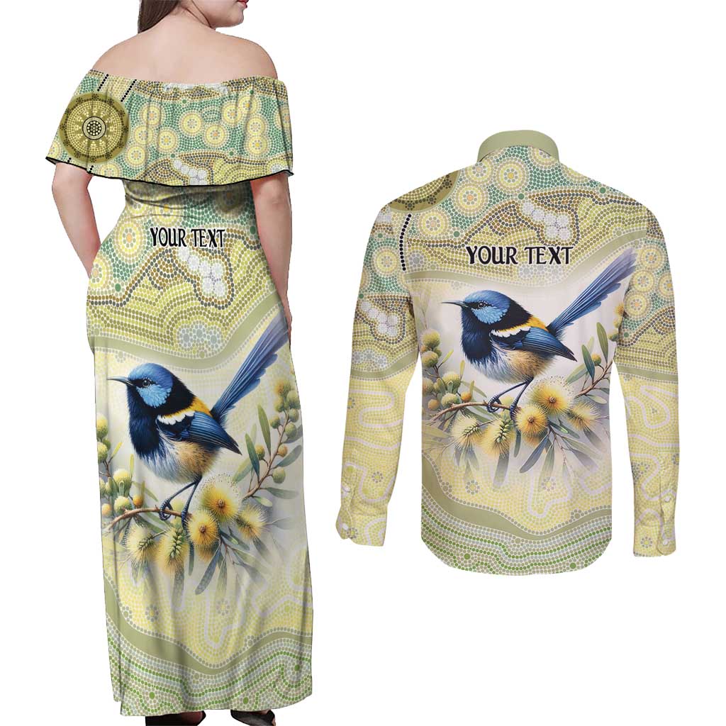Splendid Fairy-wren Personalised Couples Matching Off Shoulder Maxi Dress and Long Sleeve Button Shirt Aboriginal Australian Dot Painting - Aussie Hoodie