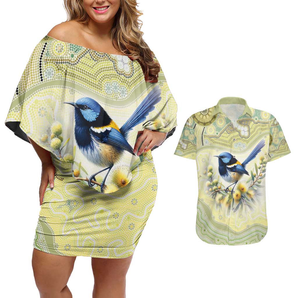 Splendid Fairy-wren Personalised Couples Matching Off Shoulder Short Dress and Hawaiian Shirt Aboriginal Australian Dot Painting - Aussie Hoodie