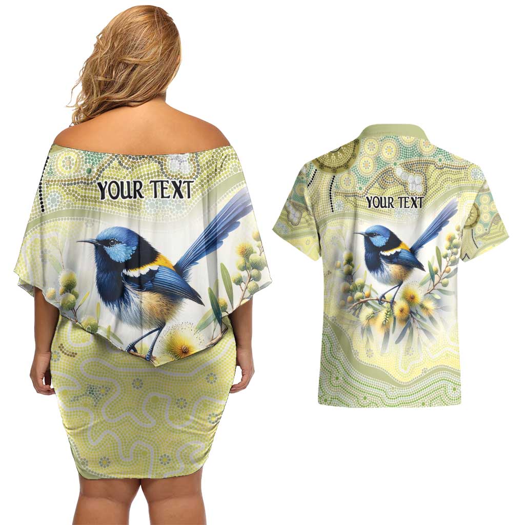 Splendid Fairy-wren Personalised Couples Matching Off Shoulder Short Dress and Hawaiian Shirt Aboriginal Australian Dot Painting - Aussie Hoodie