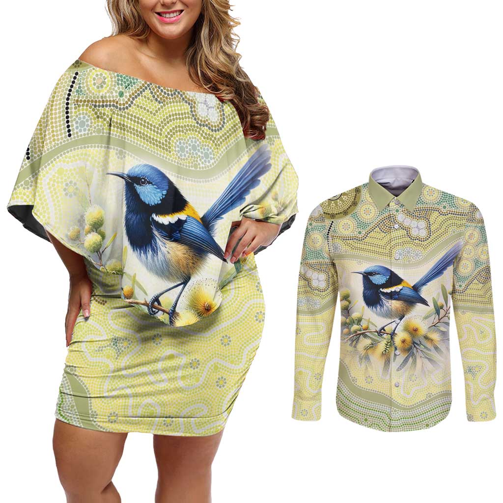 Splendid Fairy-wren Personalised Couples Matching Off Shoulder Short Dress and Long Sleeve Button Shirt Aboriginal Australian Dot Painting - Aussie Hoodie