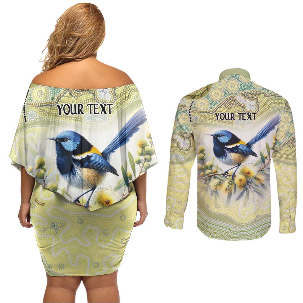 Splendid Fairy-wren Personalised Couples Matching Off Shoulder Short Dress and Long Sleeve Button Shirt Aboriginal Australian Dot Painting - Aussie Hoodie
