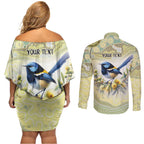Splendid Fairy-wren Personalised Couples Matching Off Shoulder Short Dress and Long Sleeve Button Shirt Aboriginal Australian Dot Painting - Aussie Hoodie