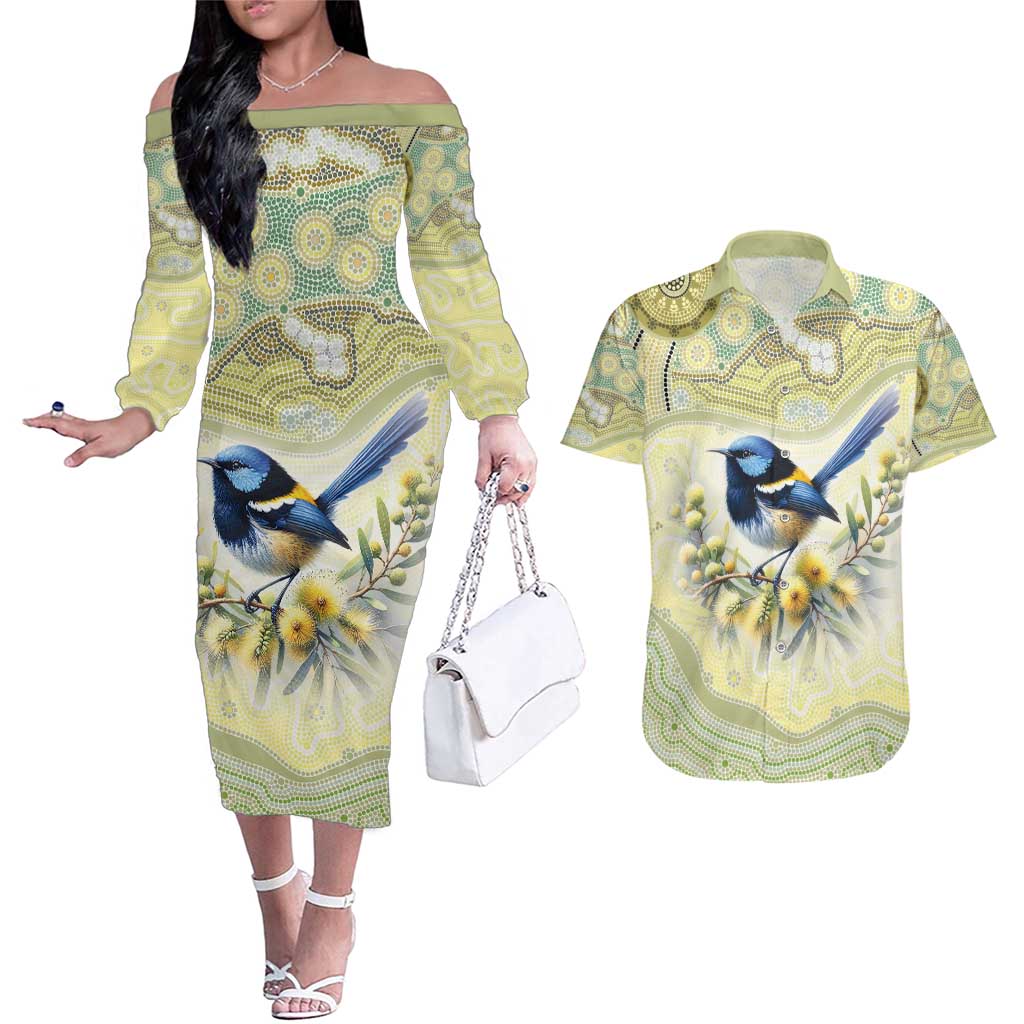 Splendid Fairy-wren Personalised Couples Matching Off The Shoulder Long Sleeve Dress and Hawaiian Shirt Aboriginal Australian Dot Painting - Aussie Hoodie