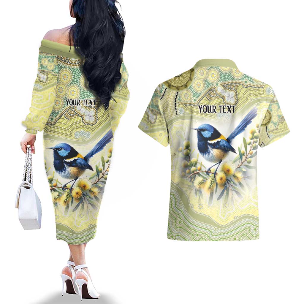 Splendid Fairy-wren Personalised Couples Matching Off The Shoulder Long Sleeve Dress and Hawaiian Shirt Aboriginal Australian Dot Painting - Aussie Hoodie