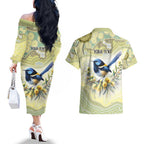 Splendid Fairy-wren Personalised Couples Matching Off The Shoulder Long Sleeve Dress and Hawaiian Shirt Aboriginal Australian Dot Painting - Aussie Hoodie