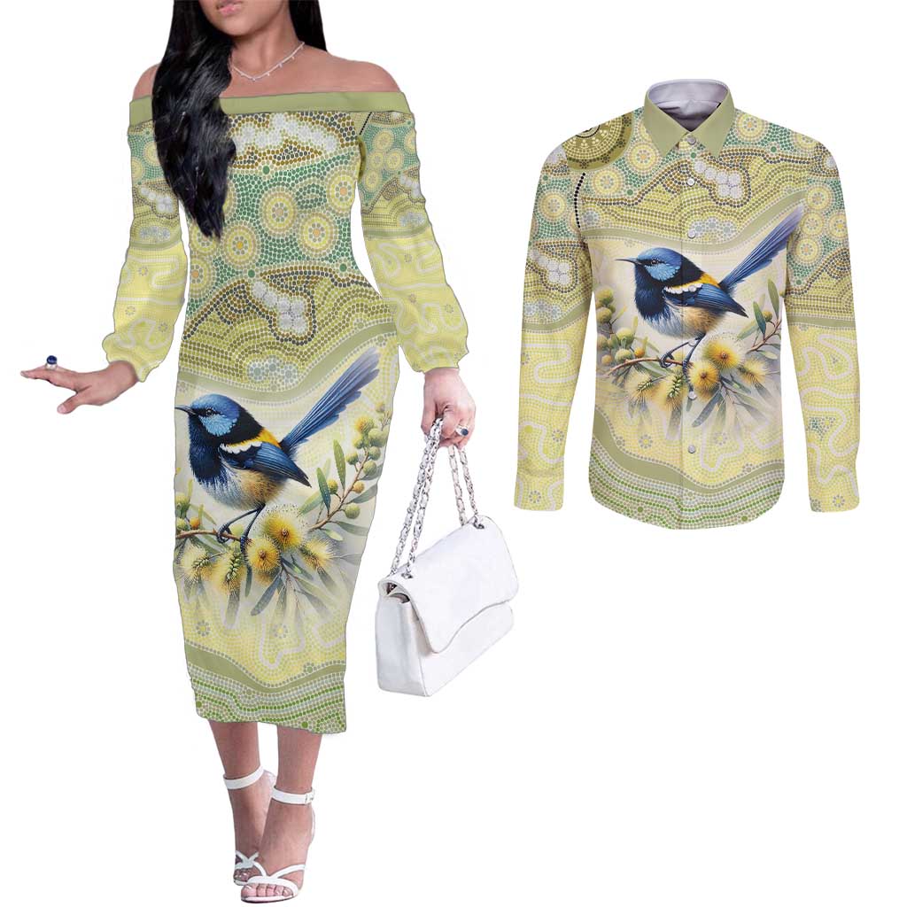 Splendid Fairy-wren Personalised Couples Matching Off The Shoulder Long Sleeve Dress and Long Sleeve Button Shirt Aboriginal Australian Dot Painting - Aussie Hoodie