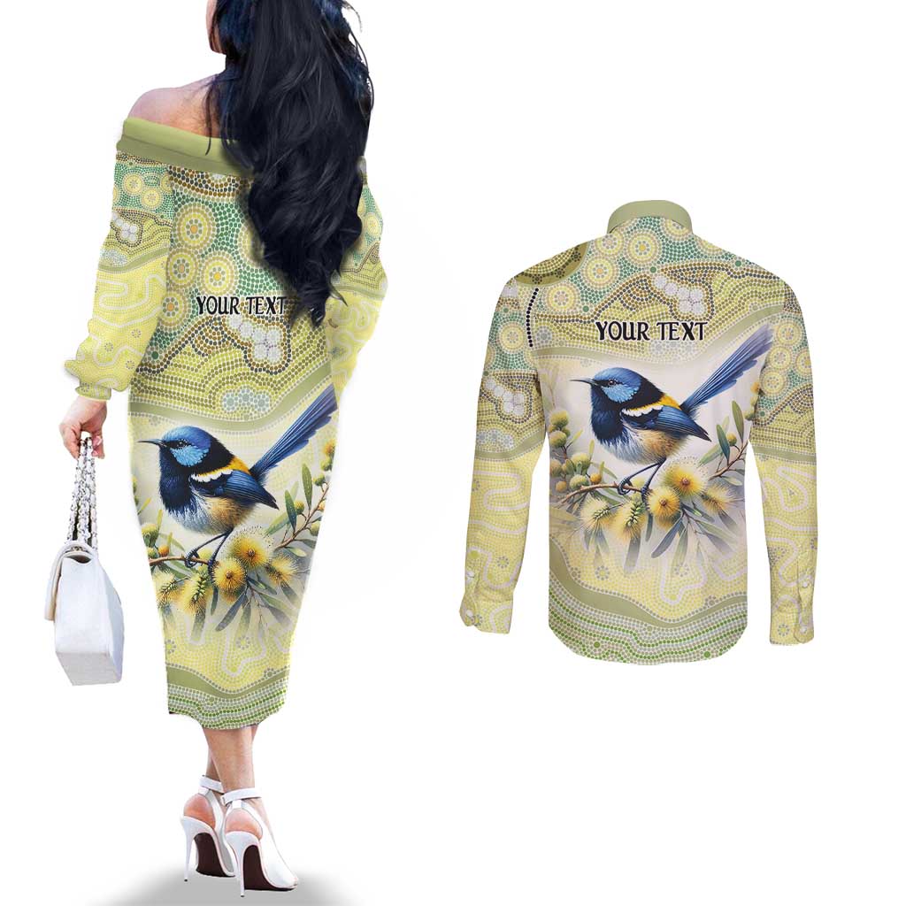 Splendid Fairy-wren Personalised Couples Matching Off The Shoulder Long Sleeve Dress and Long Sleeve Button Shirt Aboriginal Australian Dot Painting - Aussie Hoodie