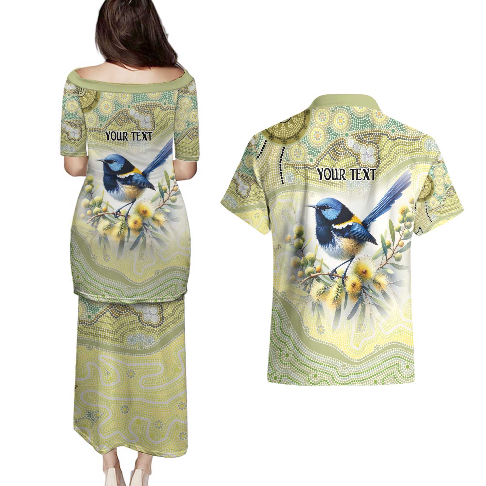 Splendid Fairy-wren Personalised Couples Matching Puletasi and Hawaiian Shirt Aboriginal Australian Dot Painting - Aussie Hoodie