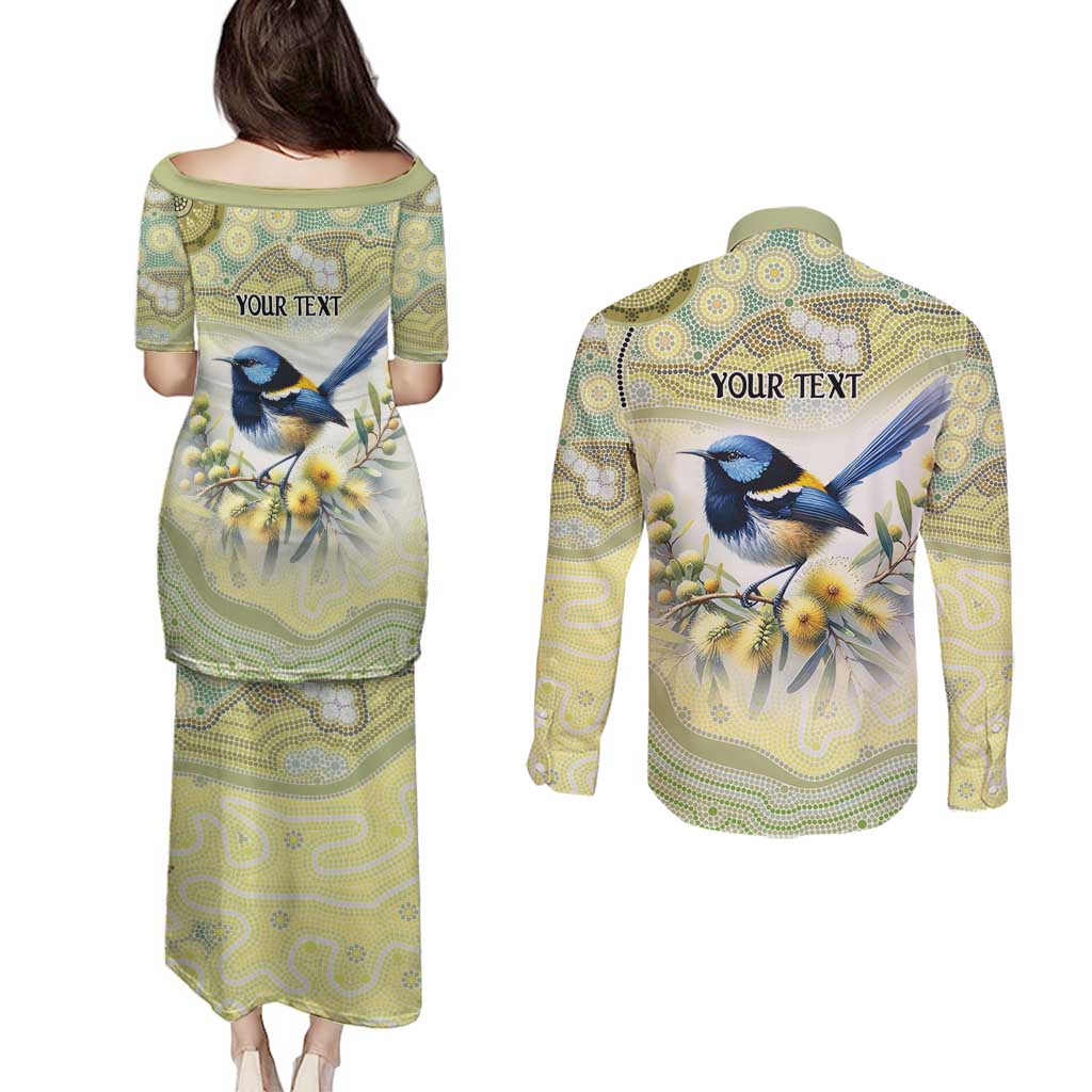 Splendid Fairy-wren Personalised Couples Matching Puletasi and Long Sleeve Button Shirt Aboriginal Australian Dot Painting - Aussie Hoodie