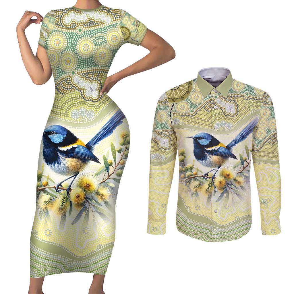Splendid Fairy-wren Personalised Couples Matching Short Sleeve Bodycon Dress and Long Sleeve Button Shirt Aboriginal Australian Dot Painting - Aussie Hoodie