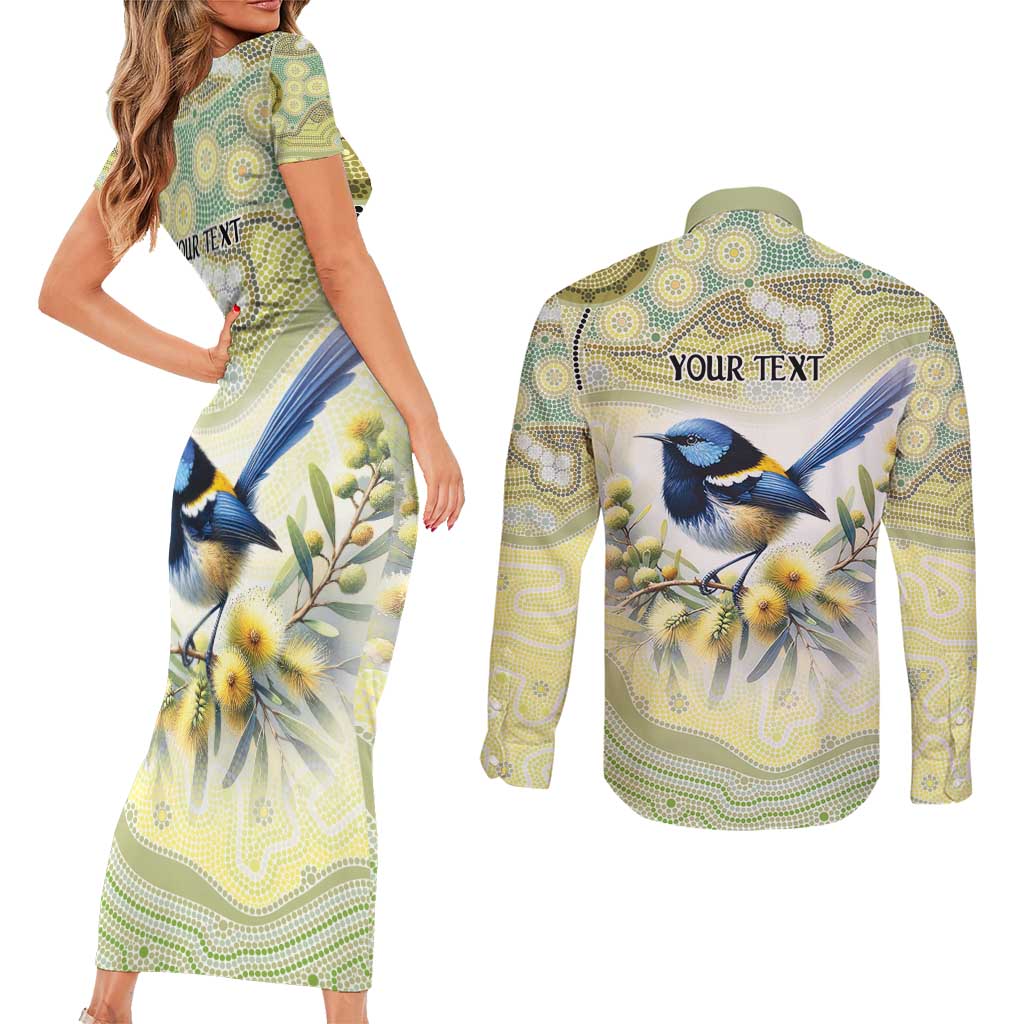 Splendid Fairy-wren Personalised Couples Matching Short Sleeve Bodycon Dress and Long Sleeve Button Shirt Aboriginal Australian Dot Painting - Aussie Hoodie