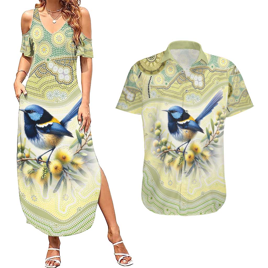 Splendid Fairy-wren Personalised Couples Matching Summer Maxi Dress and Hawaiian Shirt Aboriginal Australian Dot Painting - Aussie Hoodie