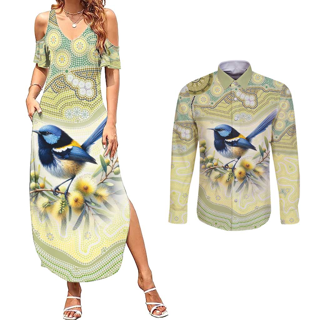 Splendid Fairy-wren Personalised Couples Matching Summer Maxi Dress and Long Sleeve Button Shirt Aboriginal Australian Dot Painting - Aussie Hoodie
