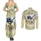 Splendid Fairy-wren Personalised Couples Matching Summer Maxi Dress and Long Sleeve Button Shirt Aboriginal Australian Dot Painting - Aussie Hoodie