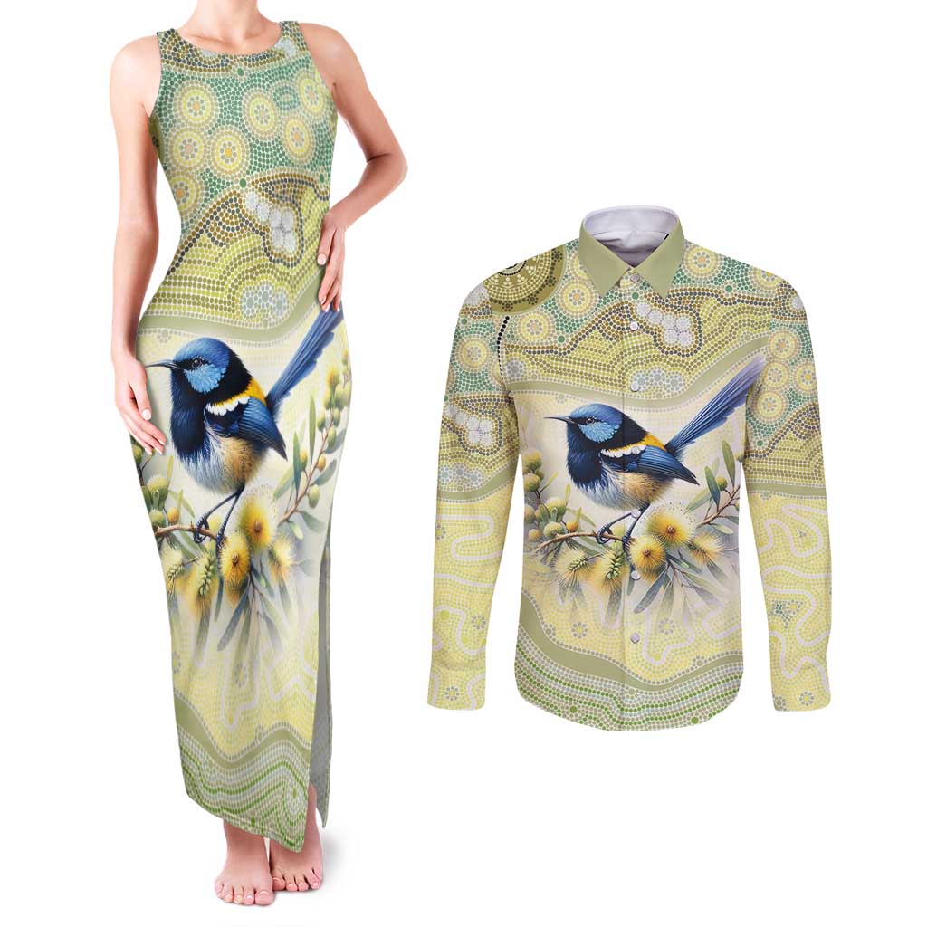 Splendid Fairy-wren Personalised Couples Matching Tank Maxi Dress and Long Sleeve Button Shirt Aboriginal Australian Dot Painting - Aussie Hoodie