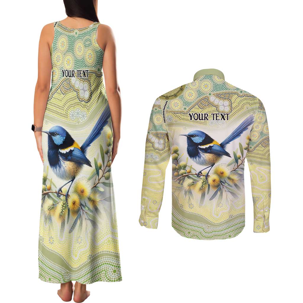 Splendid Fairy-wren Personalised Couples Matching Tank Maxi Dress and Long Sleeve Button Shirt Aboriginal Australian Dot Painting - Aussie Hoodie