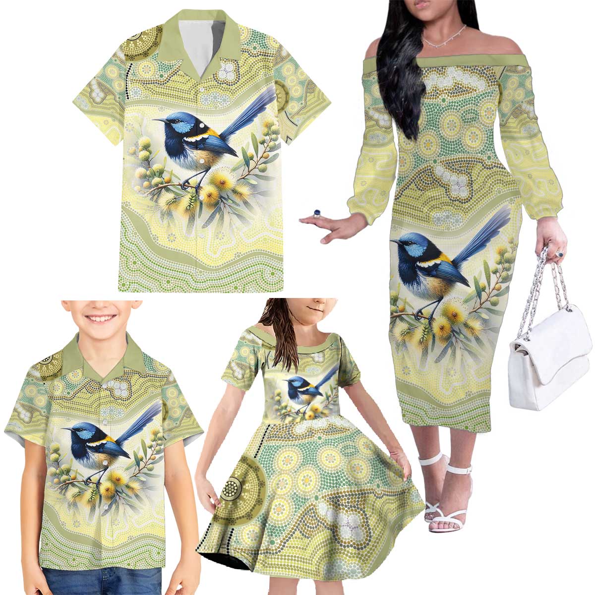 Splendid Fairy-wren Personalised Family Matching Off The Shoulder Long Sleeve Dress and Hawaiian Shirt Aboriginal Australian Dot Painting - Aussie Hoodie
