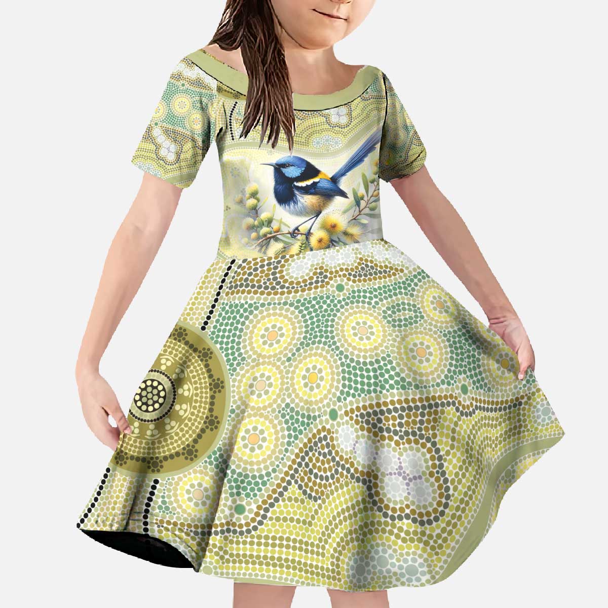 Splendid Fairy-wren Personalised Family Matching Off The Shoulder Long Sleeve Dress and Hawaiian Shirt Aboriginal Australian Dot Painting - Aussie Hoodie