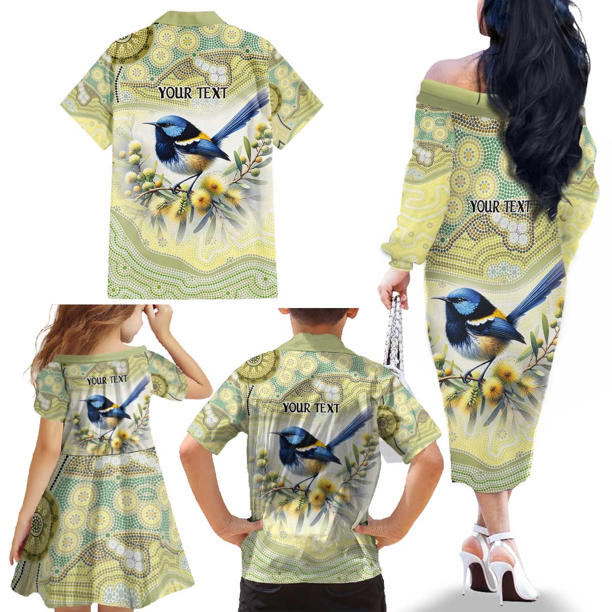 Splendid Fairy-wren Personalised Family Matching Off The Shoulder Long Sleeve Dress and Hawaiian Shirt Aboriginal Australian Dot Painting - Aussie Hoodie