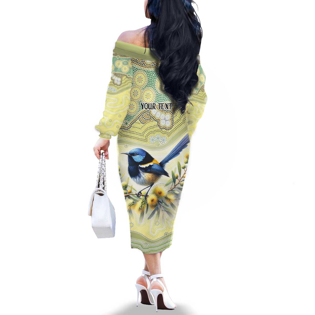 Splendid Fairy-wren Personalised Family Matching Off The Shoulder Long Sleeve Dress and Hawaiian Shirt Aboriginal Australian Dot Painting - Aussie Hoodie