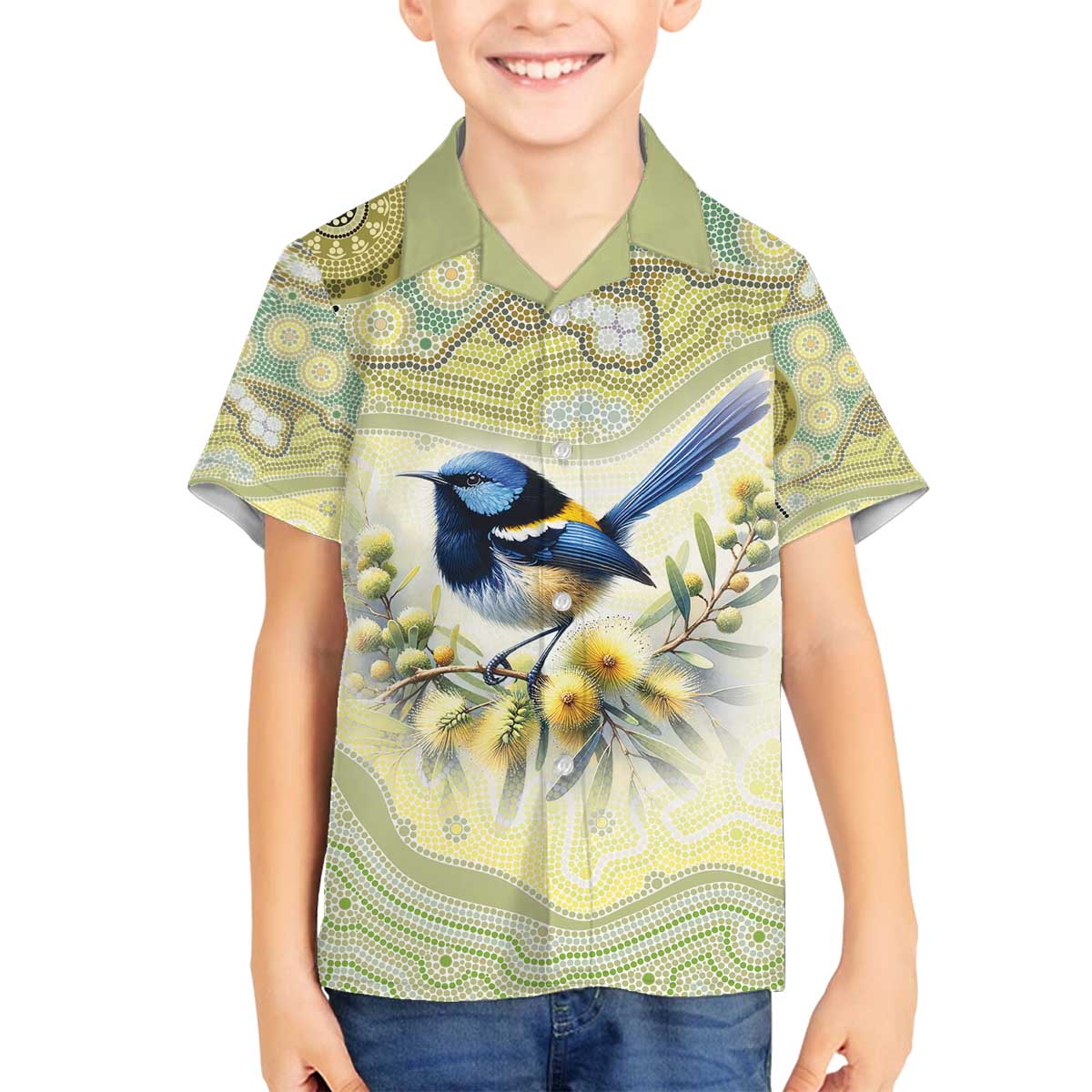 Splendid Fairy-wren Personalised Family Matching Off The Shoulder Long Sleeve Dress and Hawaiian Shirt Aboriginal Australian Dot Painting - Aussie Hoodie