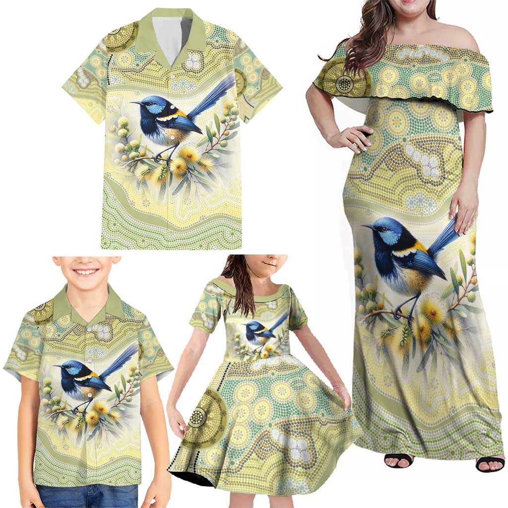 Splendid Fairy-wren Personalised Family Matching Off Shoulder Maxi Dress and Hawaiian Shirt Aboriginal Australian Dot Painting - Aussie Hoodie