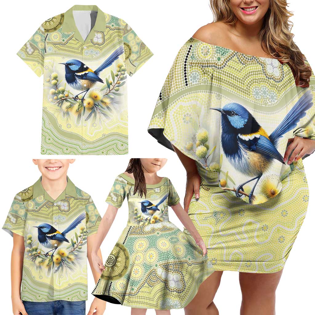 Splendid Fairy-wren Personalised Family Matching Off Shoulder Short Dress and Hawaiian Shirt Aboriginal Australian Dot Painting - Aussie Hoodie