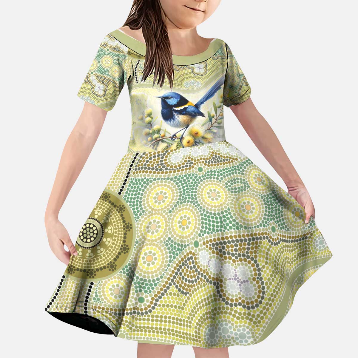Splendid Fairy-wren Personalised Kid Short Sleeve Dress Aboriginal Australian Dot Painting - Aussie Hoodie