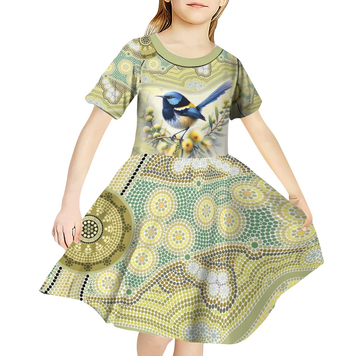 Splendid Fairy-wren Personalised Kid Short Sleeve Dress Aboriginal Australian Dot Painting - Aussie Hoodie