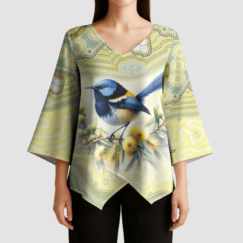 Splendid Fairy-wren Personalised Kimono Sleeve Blouse Aboriginal Australian Dot Painting - Aussie Hoodie