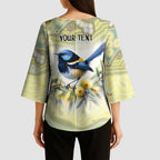 Splendid Fairy-wren Personalised Kimono Sleeve Blouse Aboriginal Australian Dot Painting - Aussie Hoodie