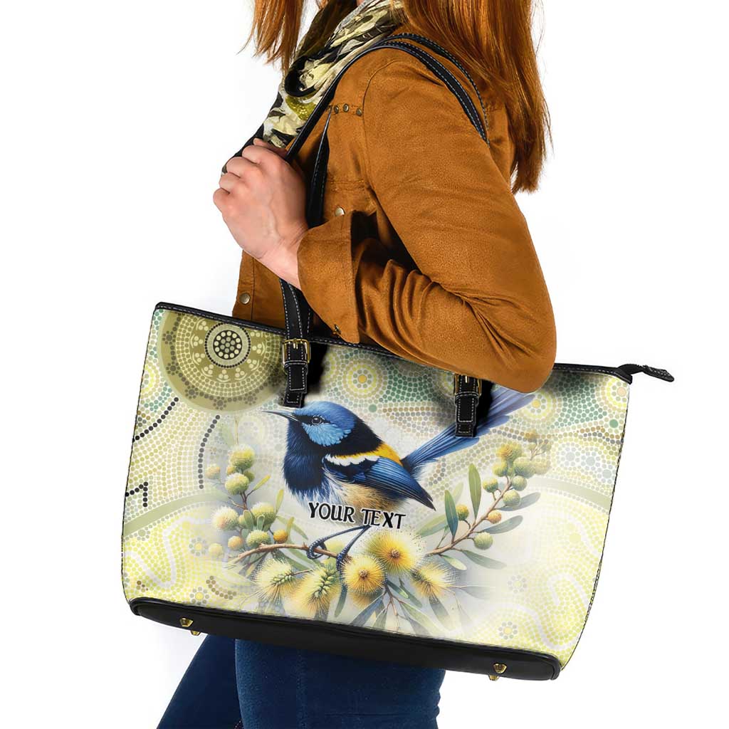 Splendid Fairy-wren Personalised Leather Tote Bag Aboriginal Australian Dot Painting - Aussie Hoodie
