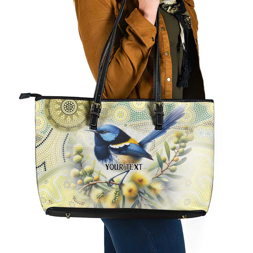 Splendid Fairy-wren Personalised Leather Tote Bag Aboriginal Australian Dot Painting - Aussie Hoodie