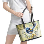 Splendid Fairy-wren Personalised Leather Tote Bag Aboriginal Australian Dot Painting - Aussie Hoodie