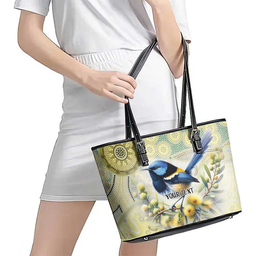 Splendid Fairy-wren Personalised Leather Tote Bag Aboriginal Australian Dot Painting - Aussie Hoodie