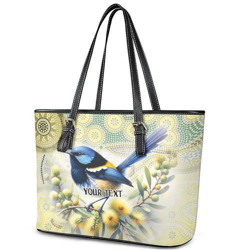 Splendid Fairy-wren Personalised Leather Tote Bag Aboriginal Australian Dot Painting - Aussie Hoodie