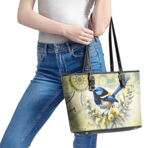 Splendid Fairy-wren Personalised Leather Tote Bag Aboriginal Australian Dot Painting - Aussie Hoodie