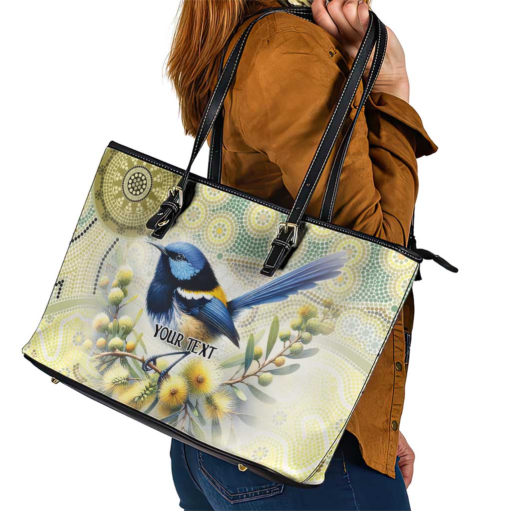 Splendid Fairy-wren Personalised Leather Tote Bag Aboriginal Australian Dot Painting - Aussie Hoodie