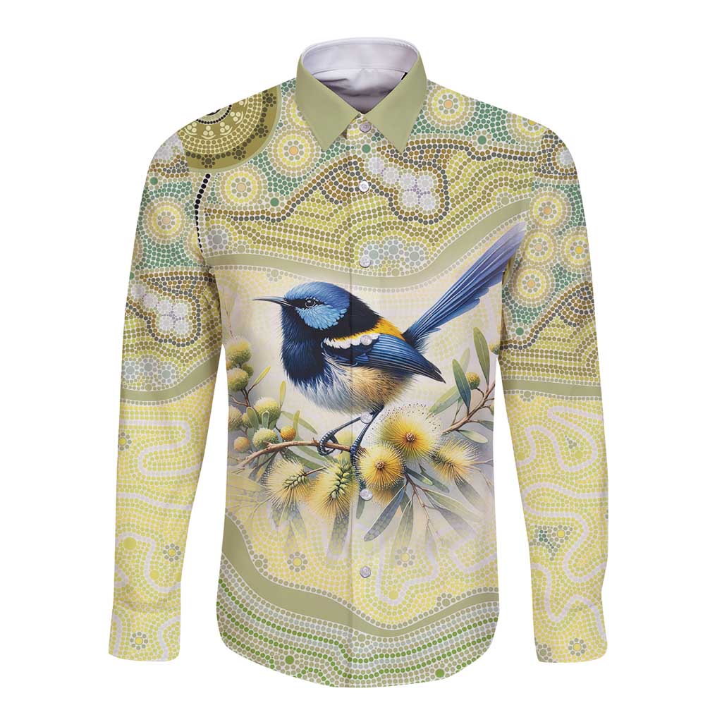 Splendid Fairy-wren Personalised Long Sleeve Button Shirt Aboriginal Australian Dot Painting - Aussie Hoodie
