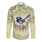 Splendid Fairy-wren Personalised Long Sleeve Button Shirt Aboriginal Australian Dot Painting - Aussie Hoodie